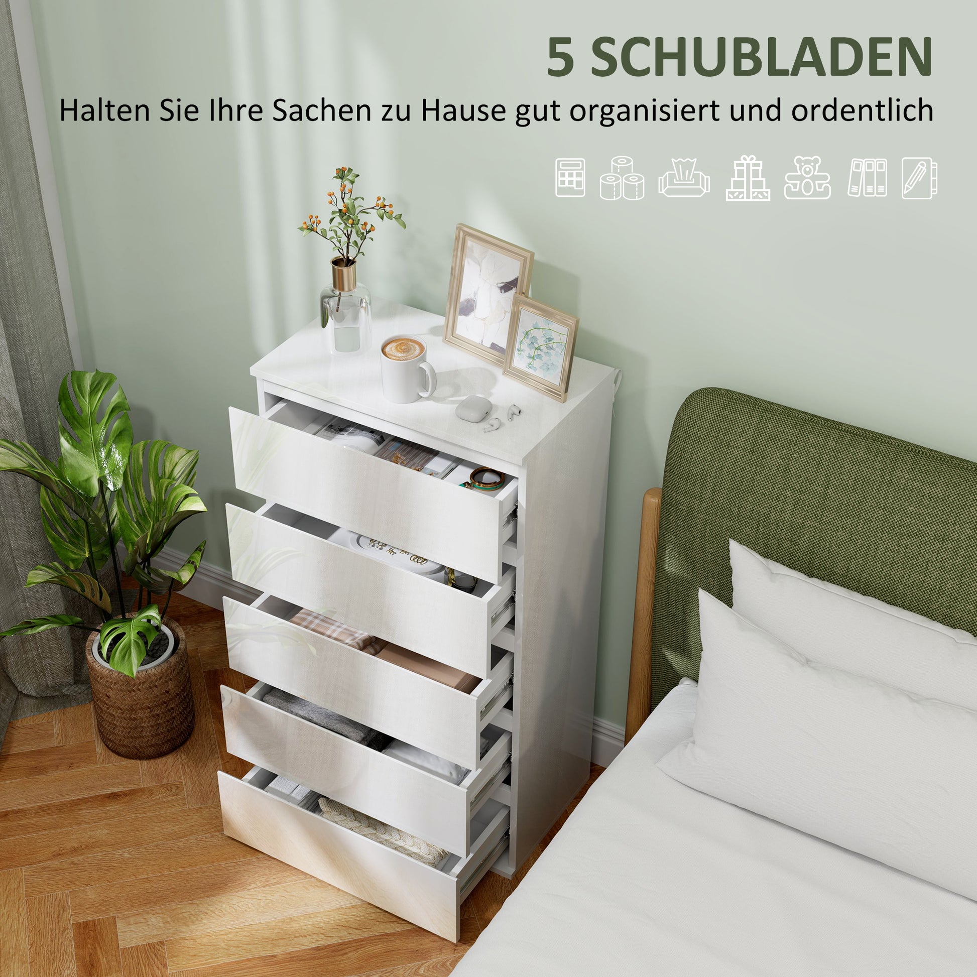 Kommode Sideboard Schubladenkommode, 5 Schubladen, 55 cm x 34 cm x 100 cm, Weiß