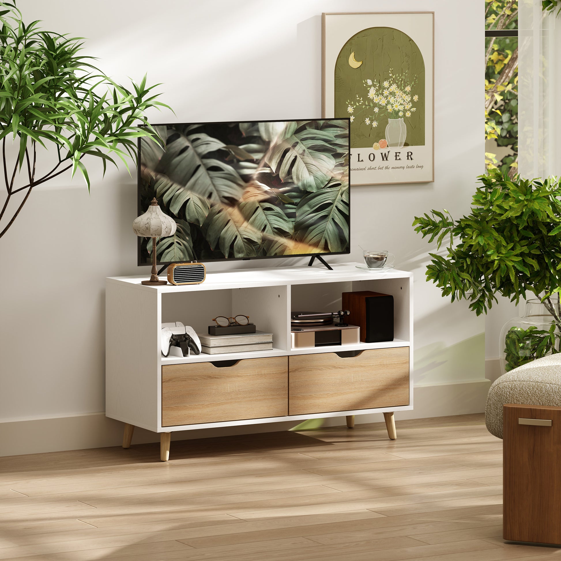 TV-Schrank, TV-Kommode mit Schubladen, Offene Regale, Holz, 99 x 39 x 58 cm