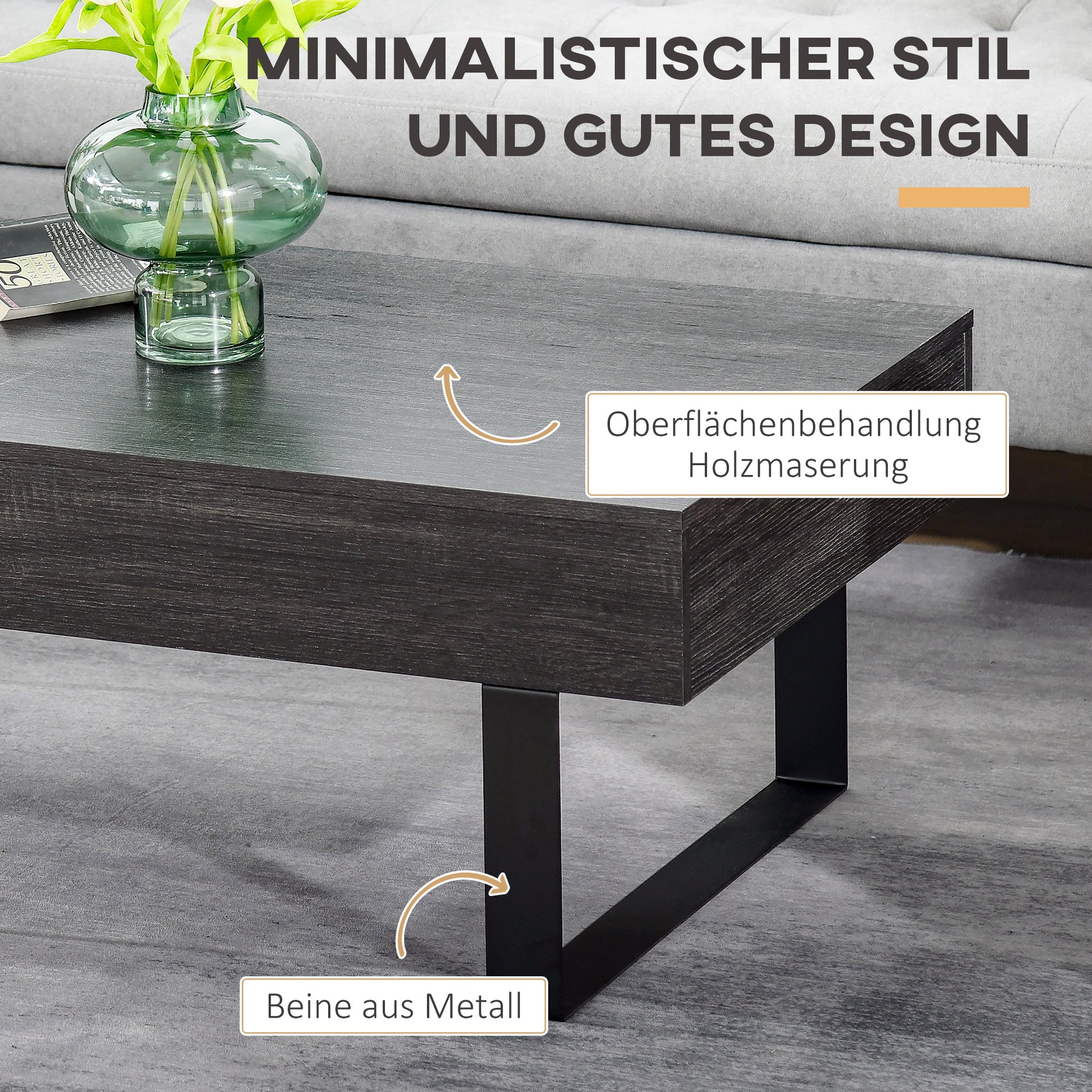 Couchtisch Wohnzimmertisch mit Schublade, Modern Sofatisch mit Metallrahmen, Beistelltisch, Kaffeetisch