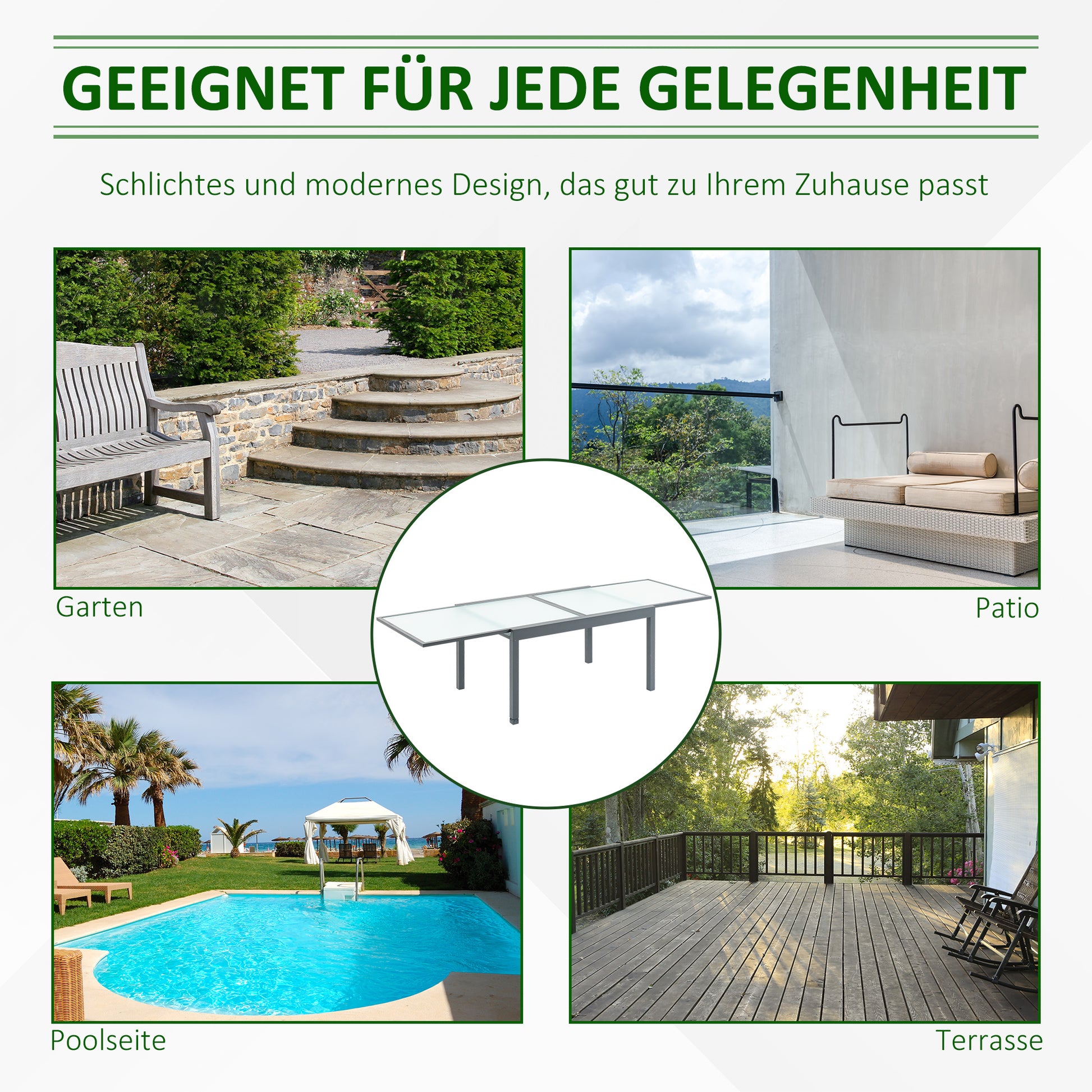 Ausziehbarer Gartentisch mit gehärteter Glasplatte Aluminium Rechteck, Grau Weiß 270 cm