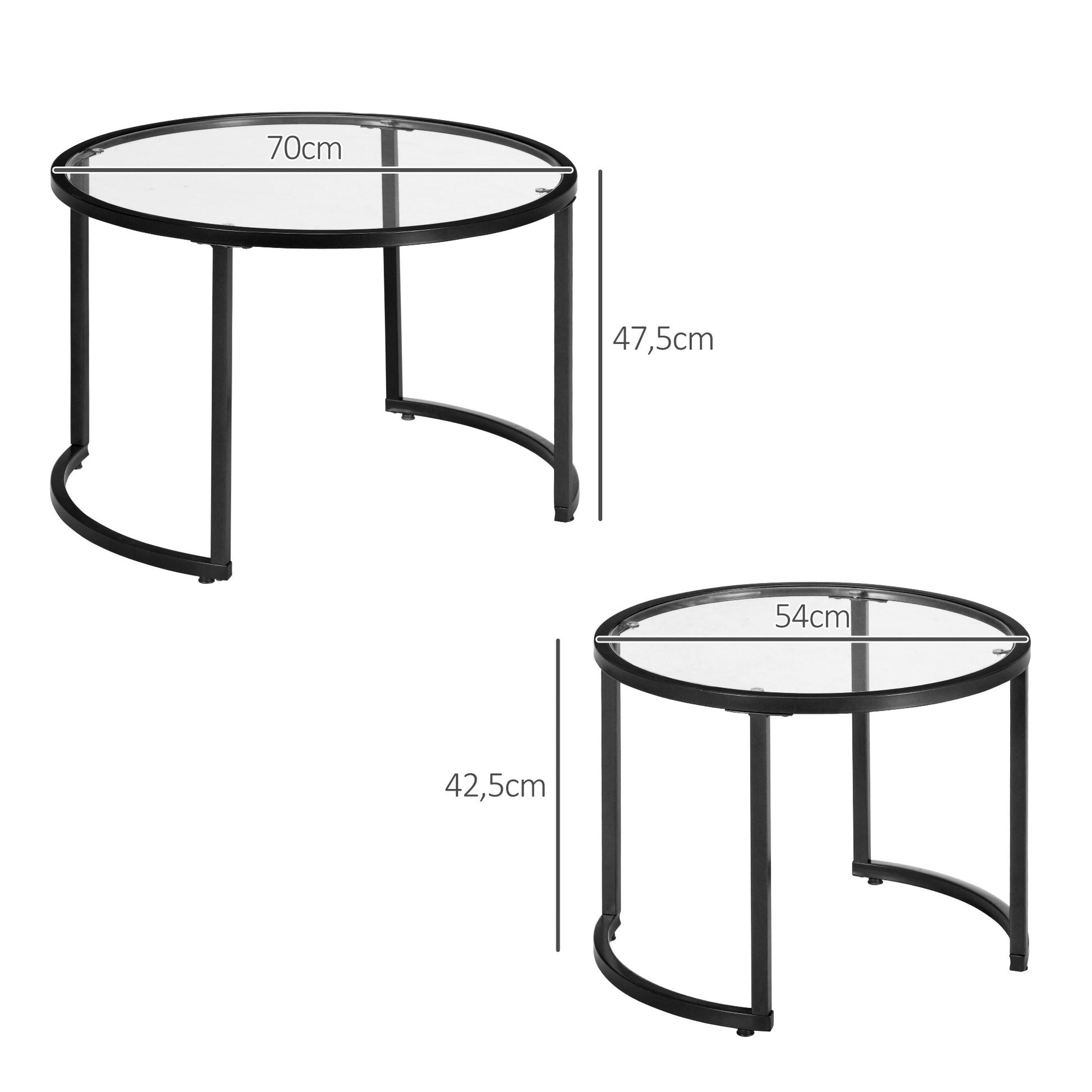 2er-Set Beistelltische Couchtische Industrie-Design, Glastische, stapelbar, Schwarz/Transparent