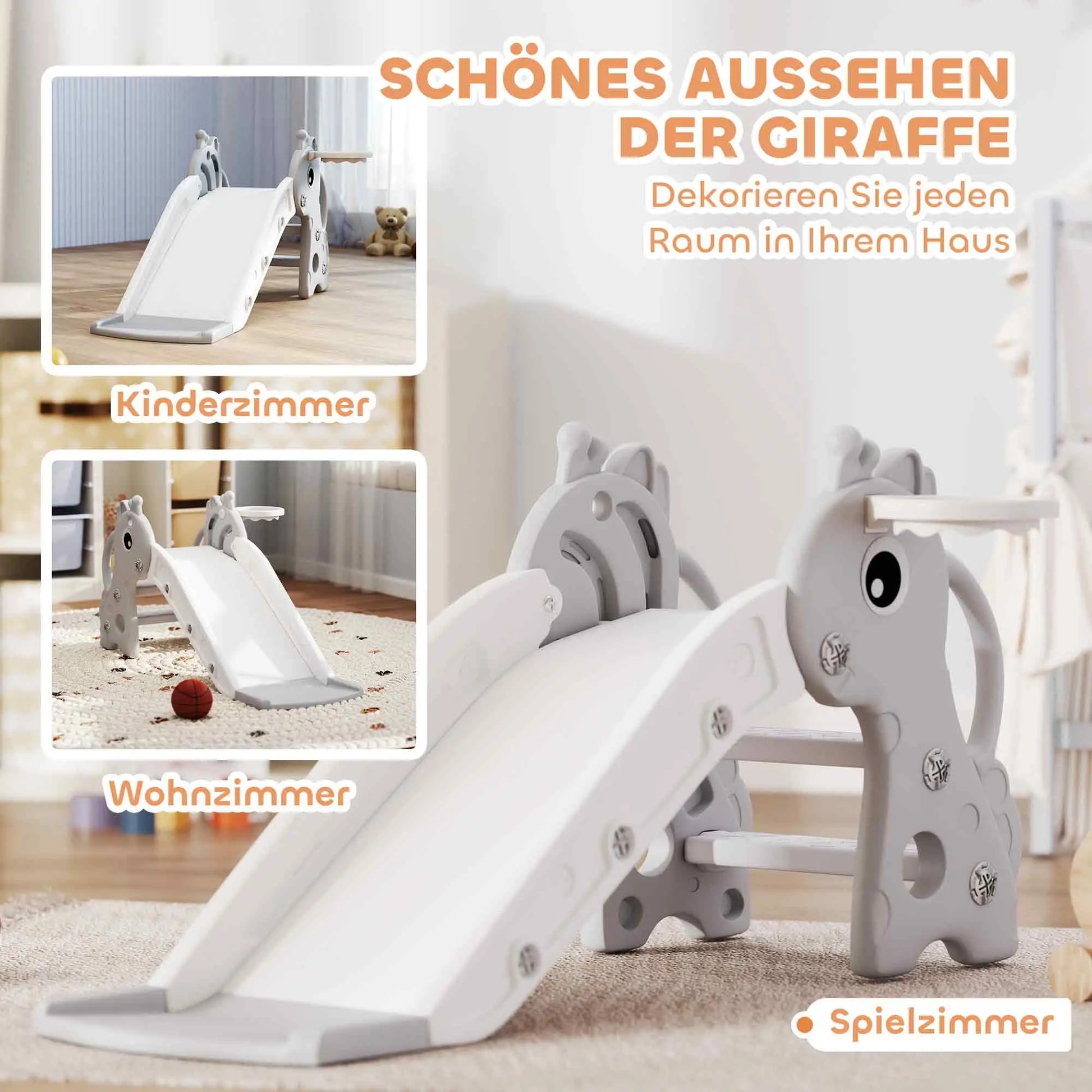 3-in-1 Rutsche für Kinder, Giraffenform, Basketballkorb, Ball, Grau