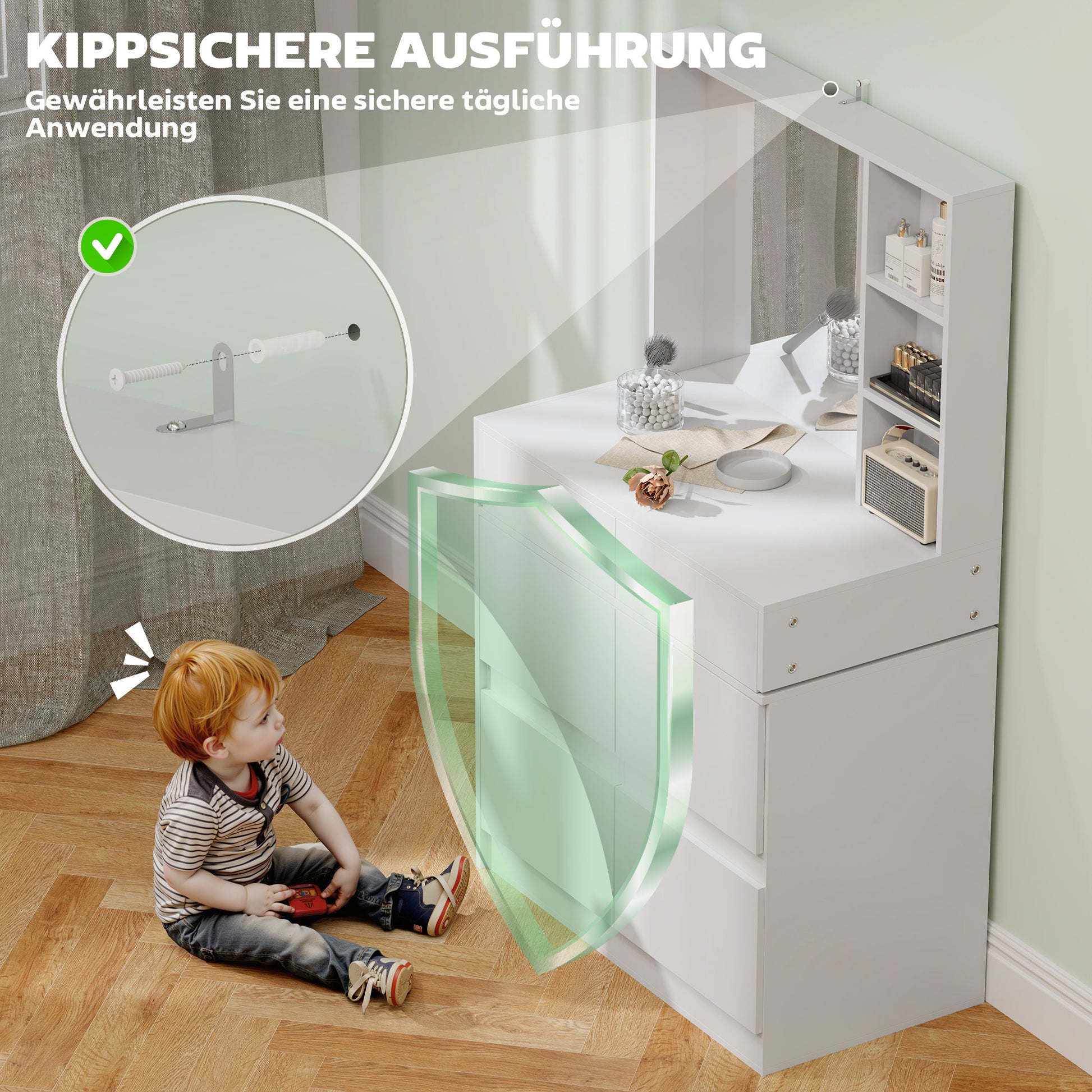 Schminktisch, Make-up-Tisch mit großem Spiegel, 4 Schubladen, 3 offene Fächer, 2 Schränke