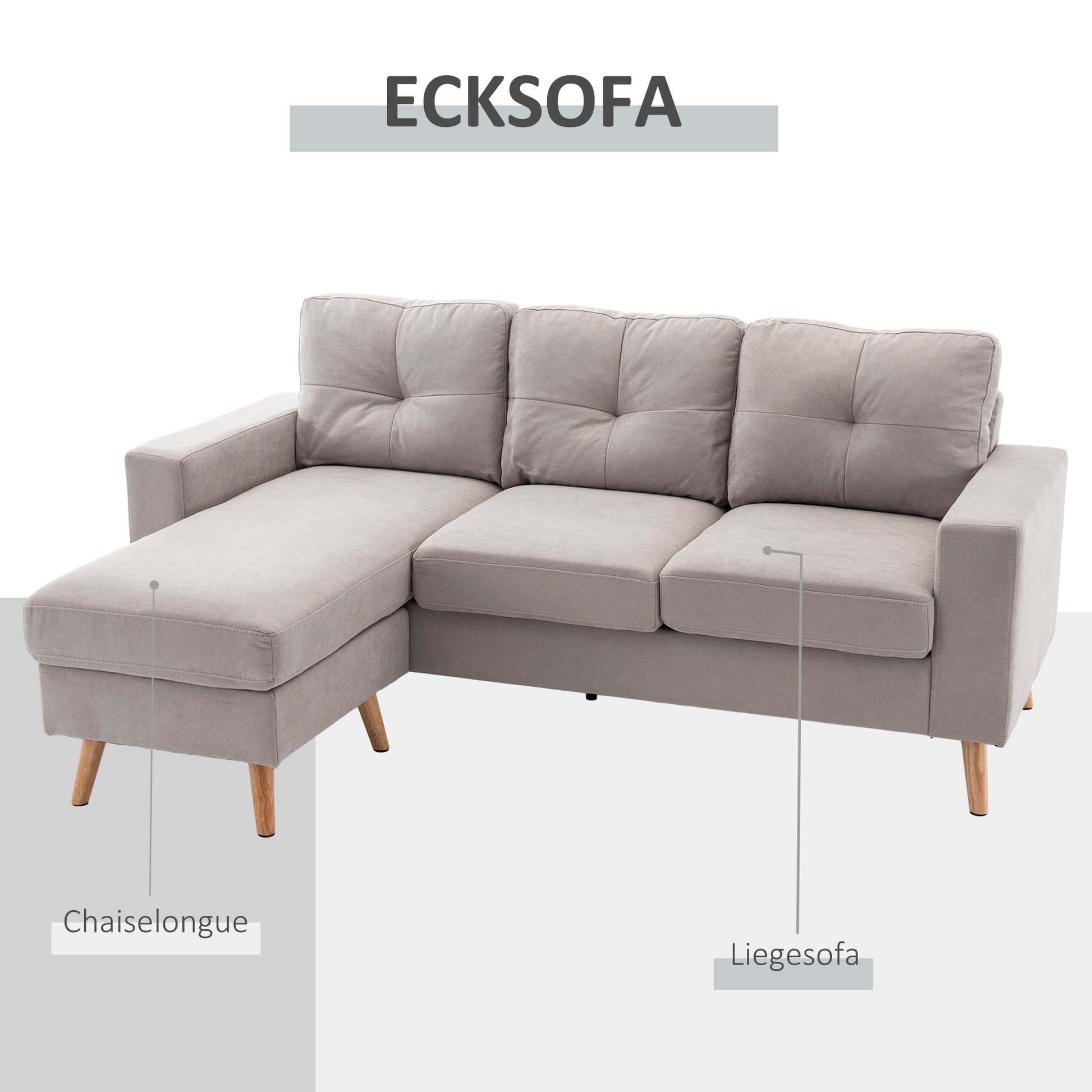 Ecksofa L-Form graue Eckcouch mit Chaiselongue Leinenoptik für 3 Personen 193x136x85cm Heillgrau