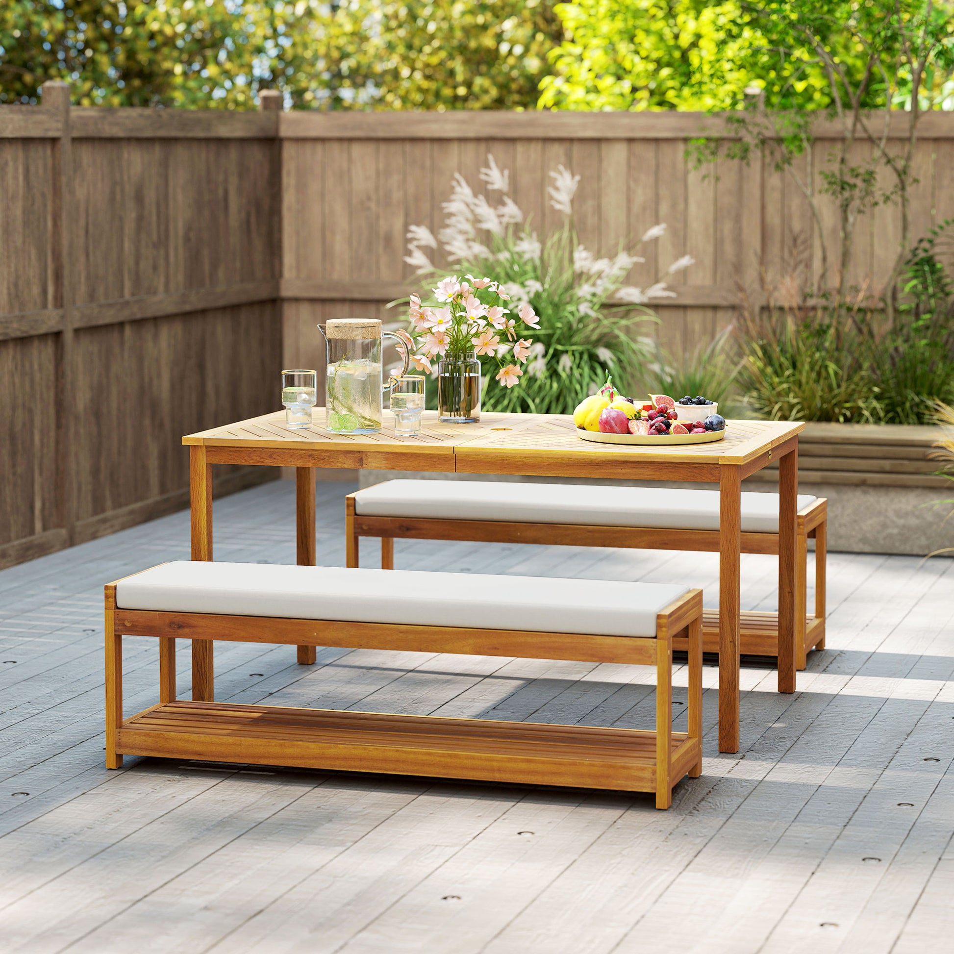3 tlg. Gartenmöbel-Set, Sitzgarnitur inkl. 1 Esstisch mit Schirmloch, 2 Bänke 150 x 85 x 75 cm