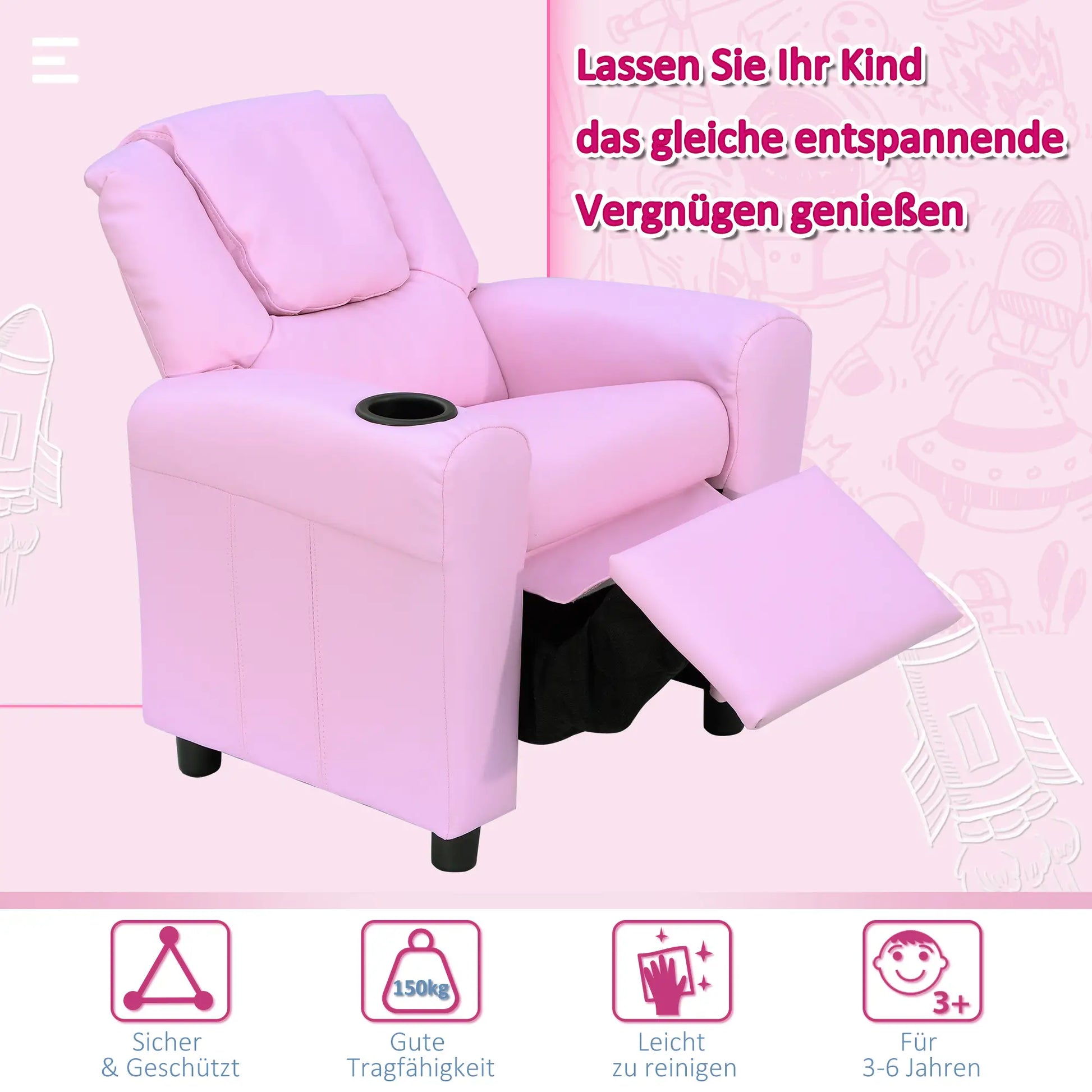 Kindersessel, Minisessel, Kindersofa für 3-6 Jahre alt, Liegefunktion, Becherhalter, 62 x 56 x 69 cm