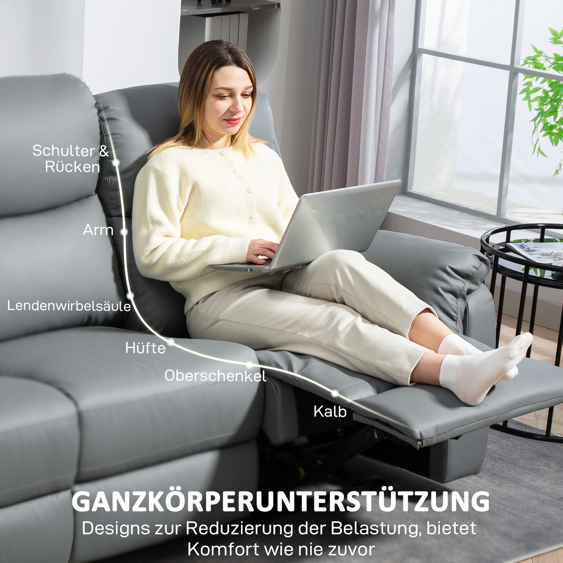 3-Sitzer-Sofa, linker und rechter Sitz zurücklehnbar, anpassbare Fußstütze, Kunstlederbezug, Dunkelgrau