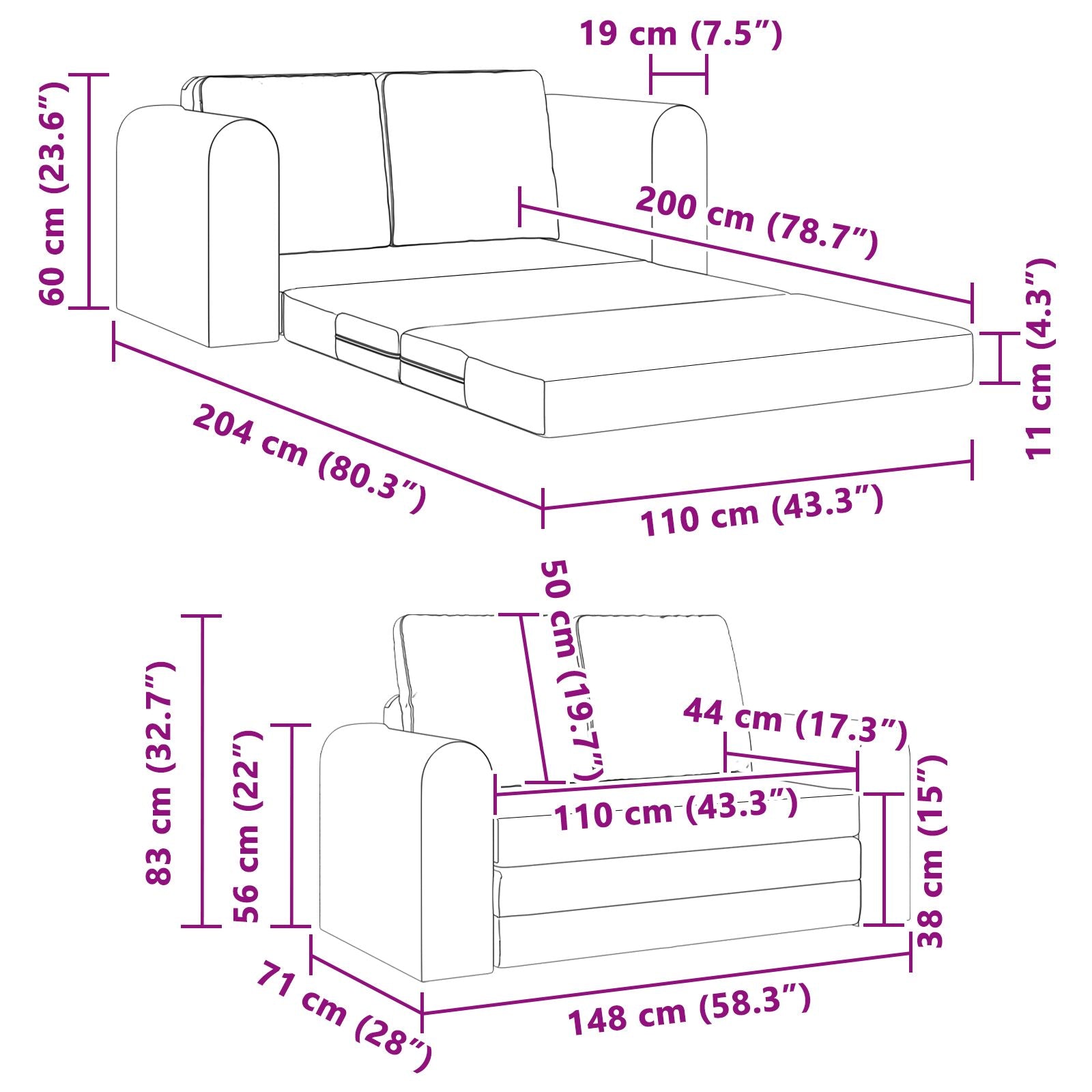 Boden Schlafsofa/Schlafsessel 2-In-1 Cm Stoff – Größen & Farben Konfigurierbar!!!