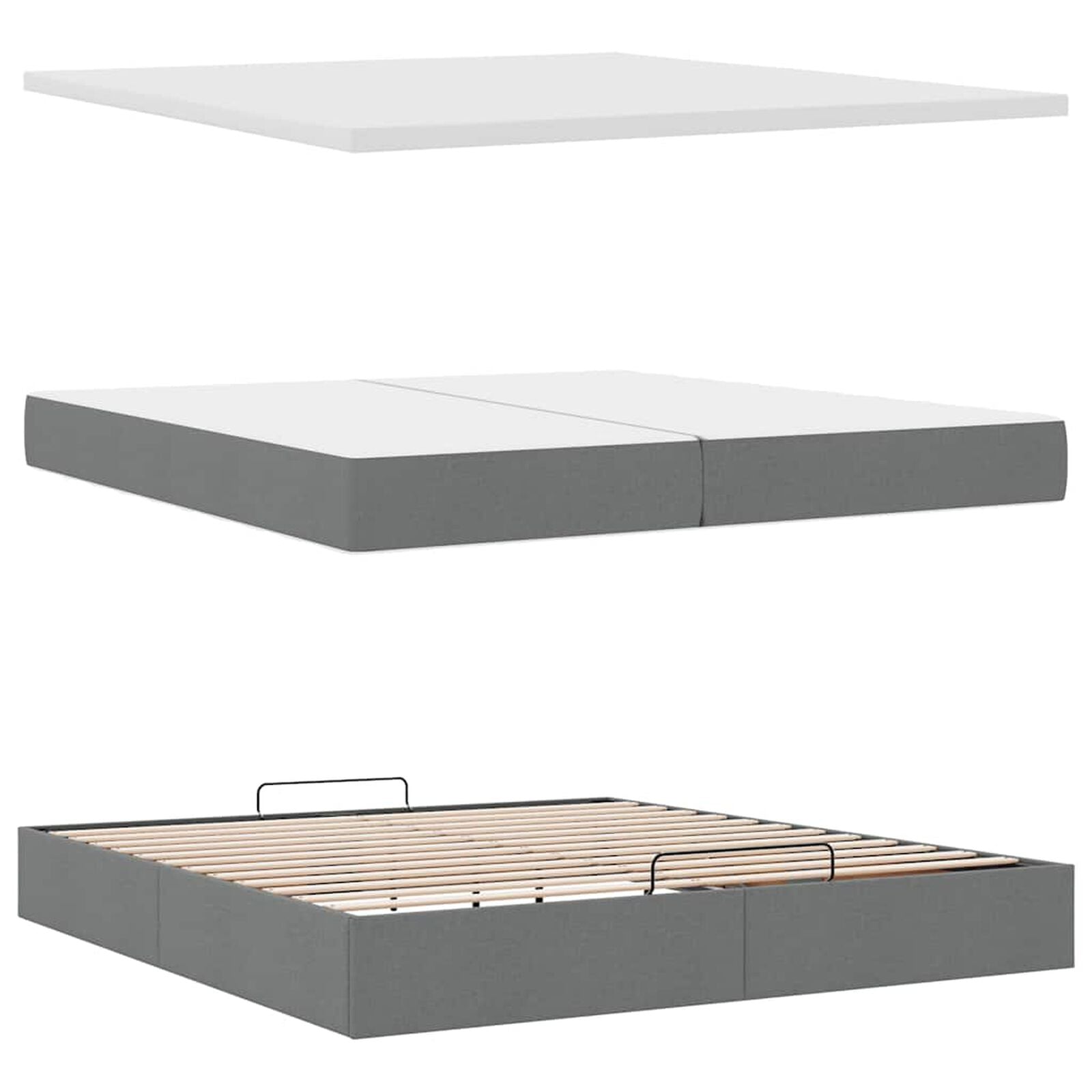Ottomane Bett Mit Matratze & Topper, LED, Stoff Dunkelgrau – Konfigurierbar!!!