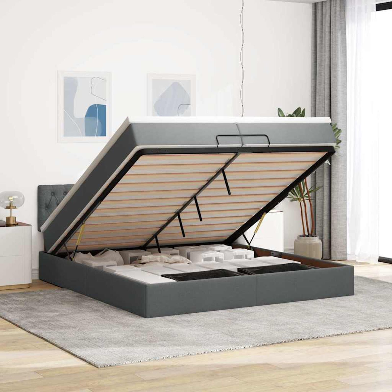 Ottomane Bett Mit Matratze & Topper, LED, Stoff Dunkelgrau – Konfigurierbar!!!