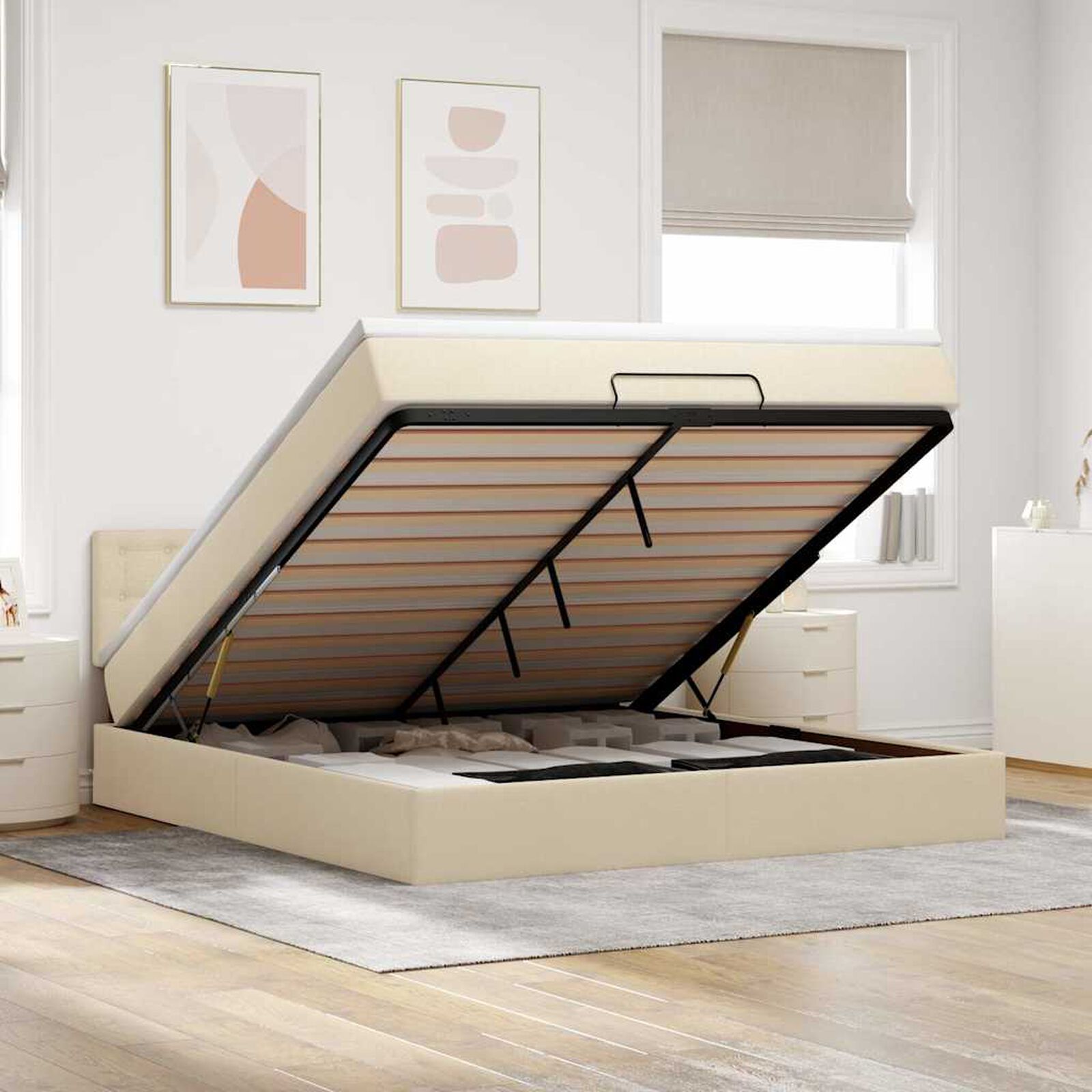 Ottomane Bett Mit Matratze & Topper, LED, Stoff Creme – Konfigurierbar!!!
