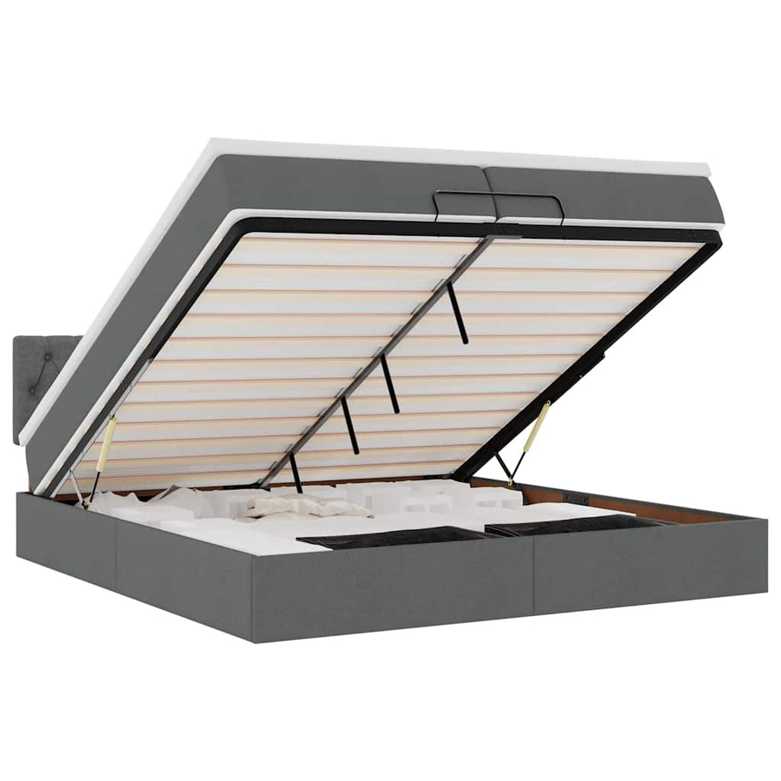 Ottomane Bett Mit Matratze & Topper, LED, Stoff Dunkelgrau – Konfigurierbar!!!
