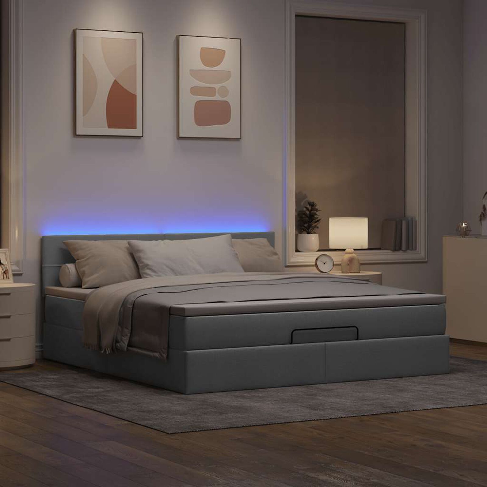 Ottomane Bett Mit Matratze  & Topper, LED, Hellgrau - Konfigurierbar!!!
