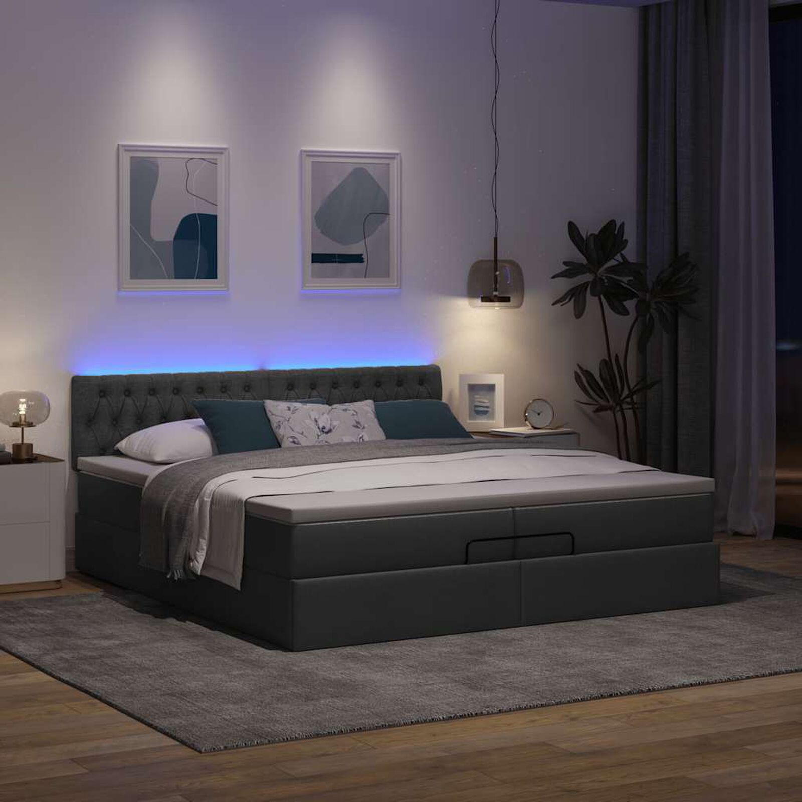 Ottomane Bett Mit Matratze & Topper, LED, Stoff Dunkelgrau – Konfigurierbar!!!