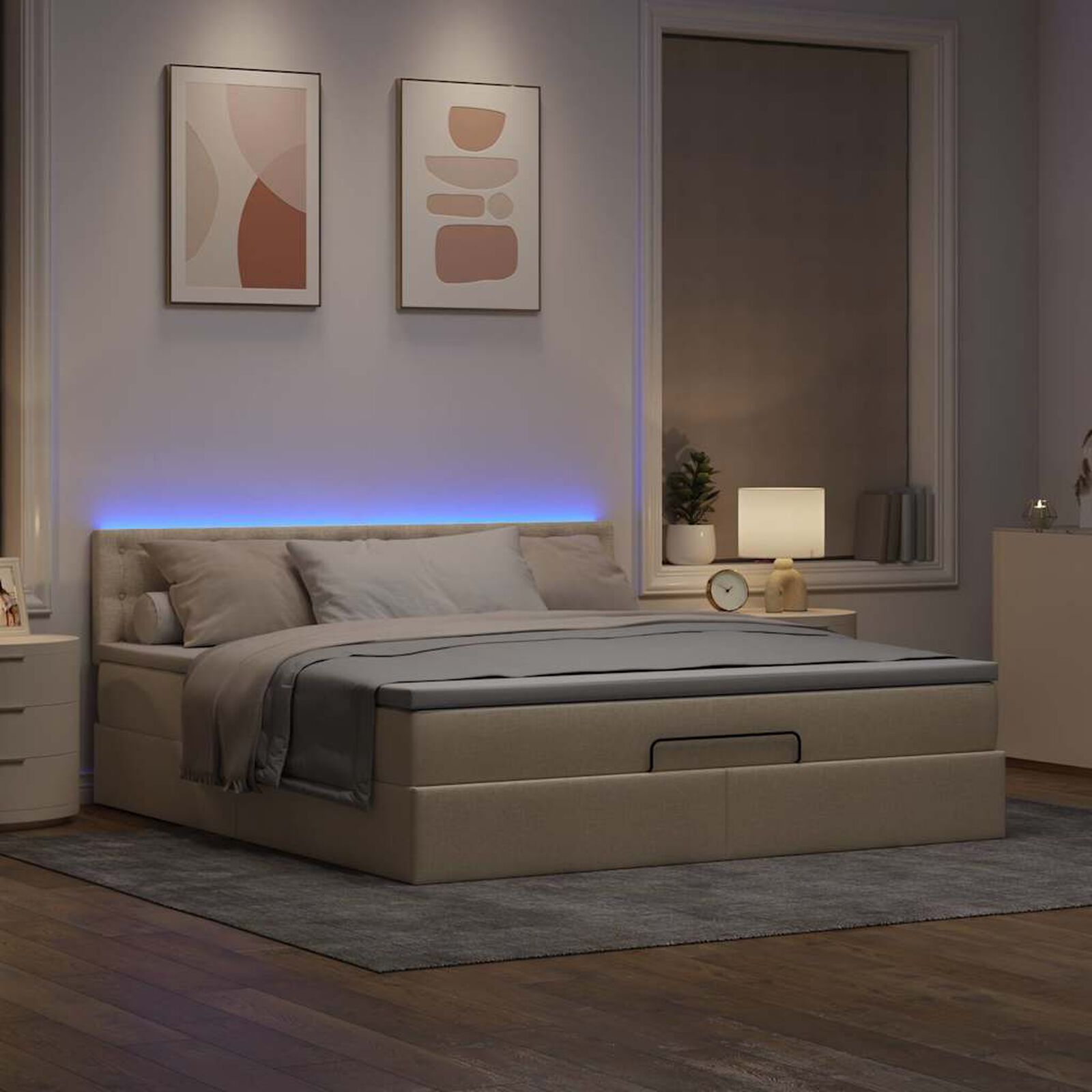 Ottomane Bett Mit Matratze & Topper, LED, Stoff Creme – Konfigurierbar!!!