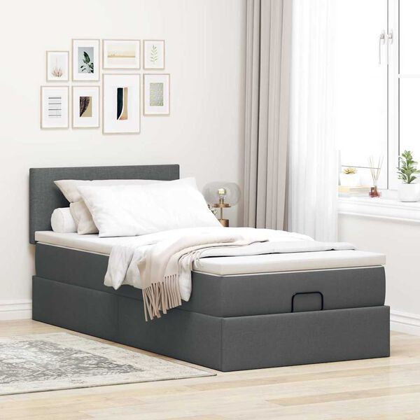 Ottomane Bett Mit Matratze & Topper, LED, Stoff Dunkelgrau – Konfigurierbar!!!