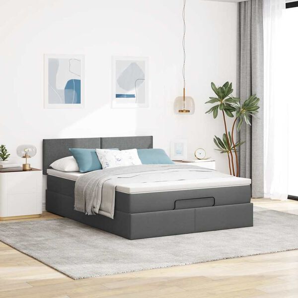 Ottomane Bett Mit Matratze & Topper, LED, Stoff Dunkelgrau – Konfigurierbar!!!