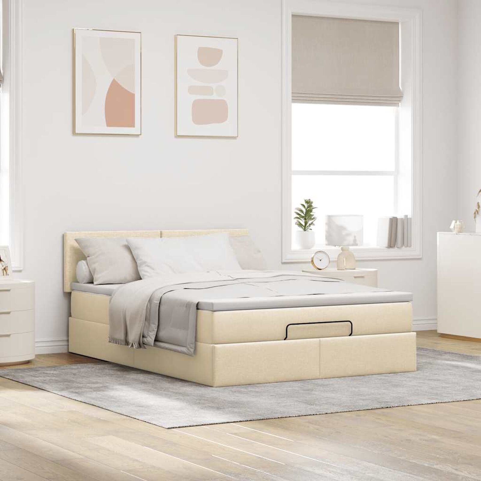 Ottomane Bett Mit Matratze & Topper, LED, Stoff Creme – Konfigurierbar!!!