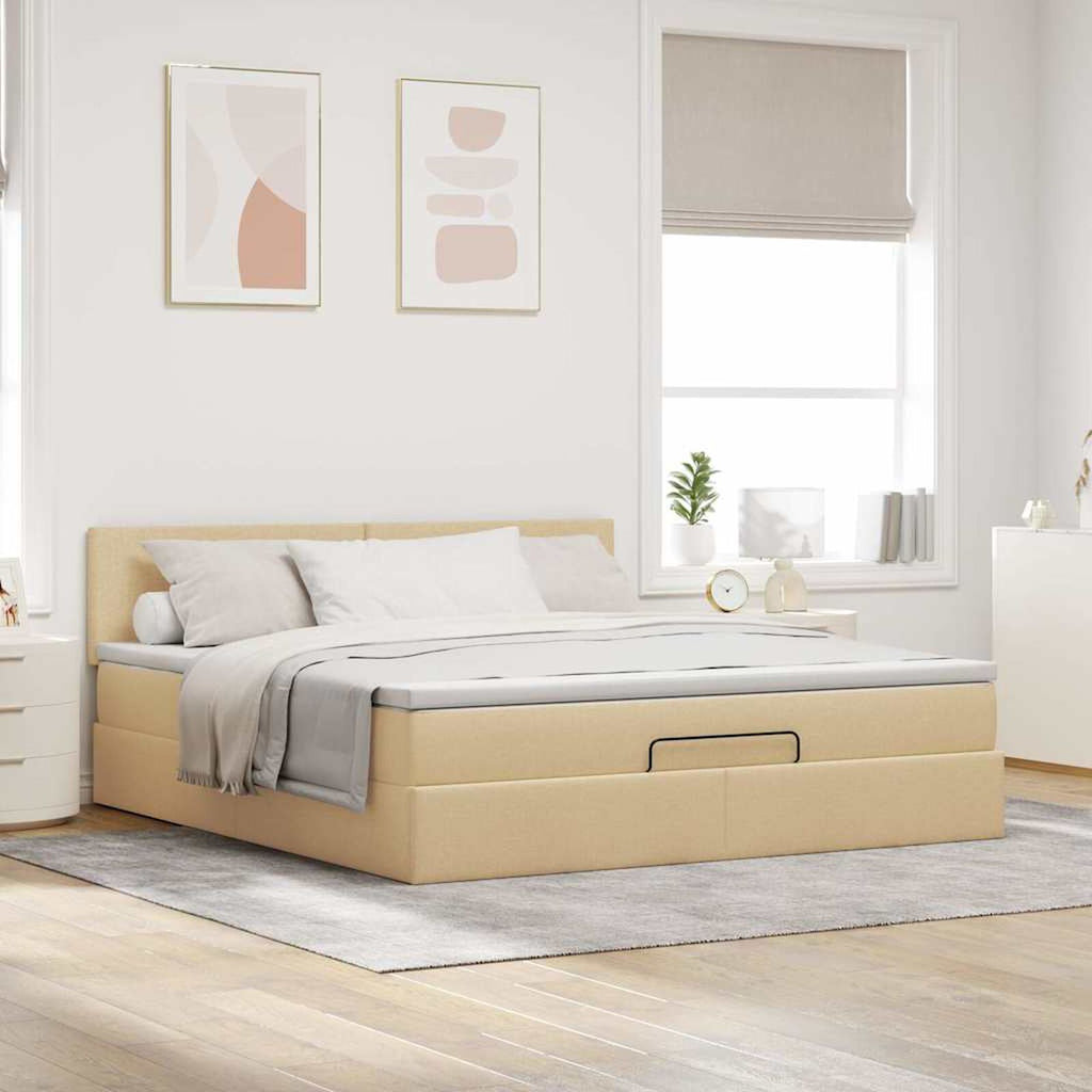 Ottomane Bett Mit Matratze & Topper, LED, Stoff Creme – Konfigurierbar!!!