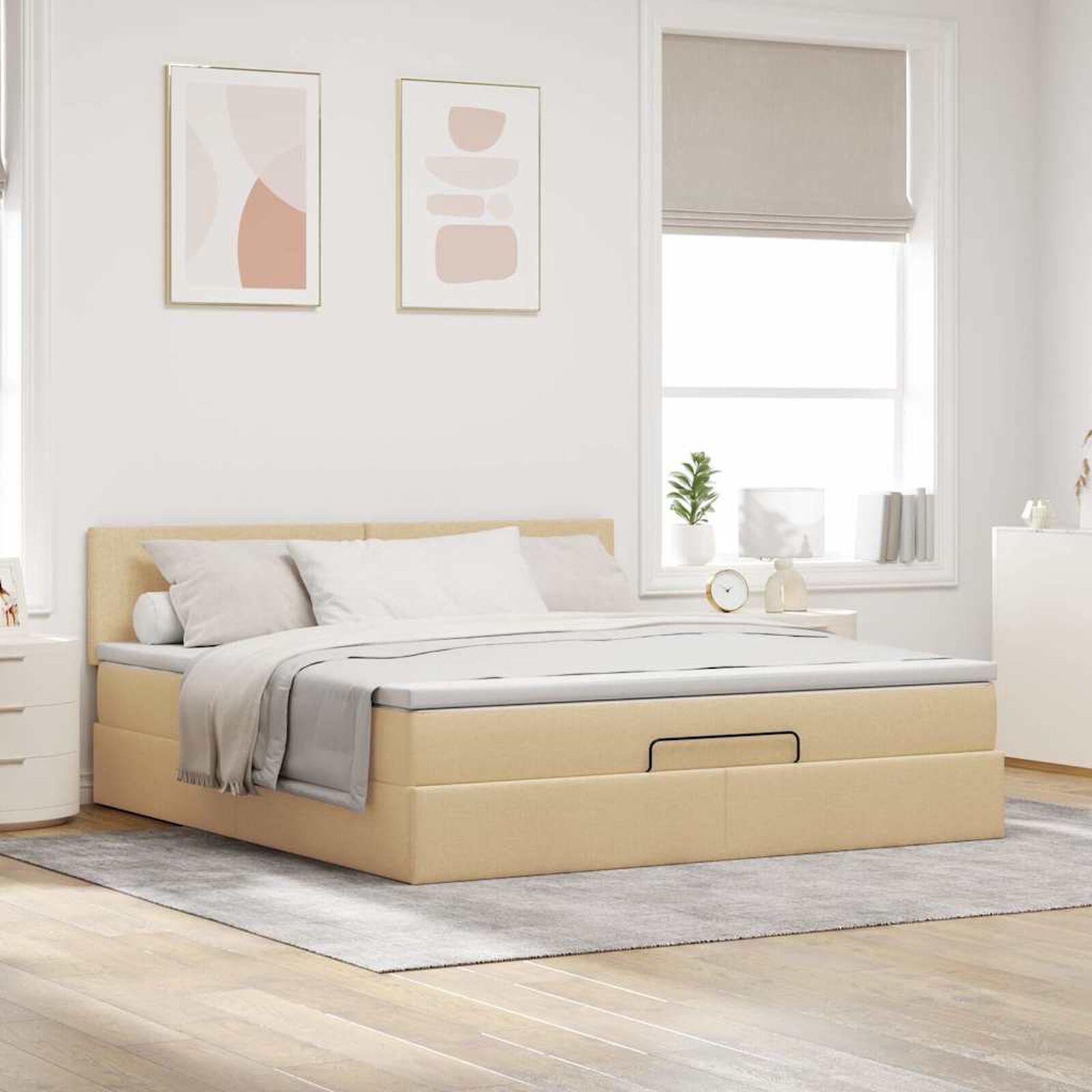 Ottomane Bett Mit Matratze & Topper, LED, Stoff Creme – Konfigurierbar!!!