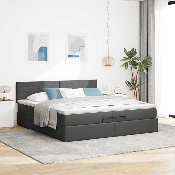 Ottomane Bett Mit Matratze & Topper, LED, Stoff Dunkelgrau – Konfigurierbar!!!