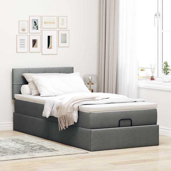 Ottomane Bett Mit Matratze & Topper, LED, Stoff Dunkelgrau – Konfigurierbar!!!