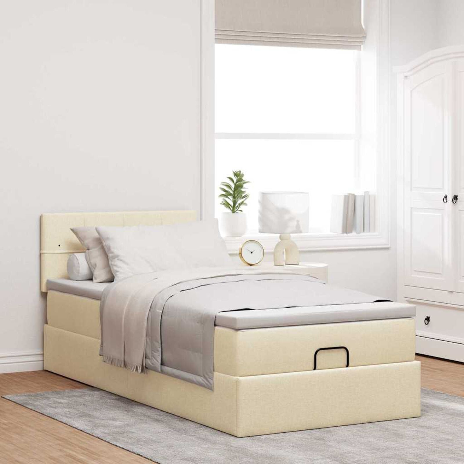 Ottomane Bett Mit Matratze & Topper, LED, Stoff Creme – Konfigurierbar!!!