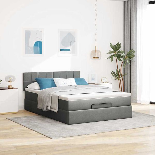 Ottomane Bett Mit Matratze & Topper, LED, Stoff Dunkelgrau – Konfigurierbar!!!