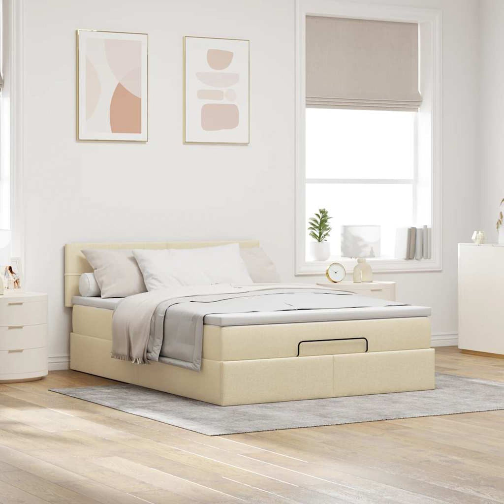 Ottomane Bett Mit Matratze & Topper, LED, Stoff Creme – Konfigurierbar!!!