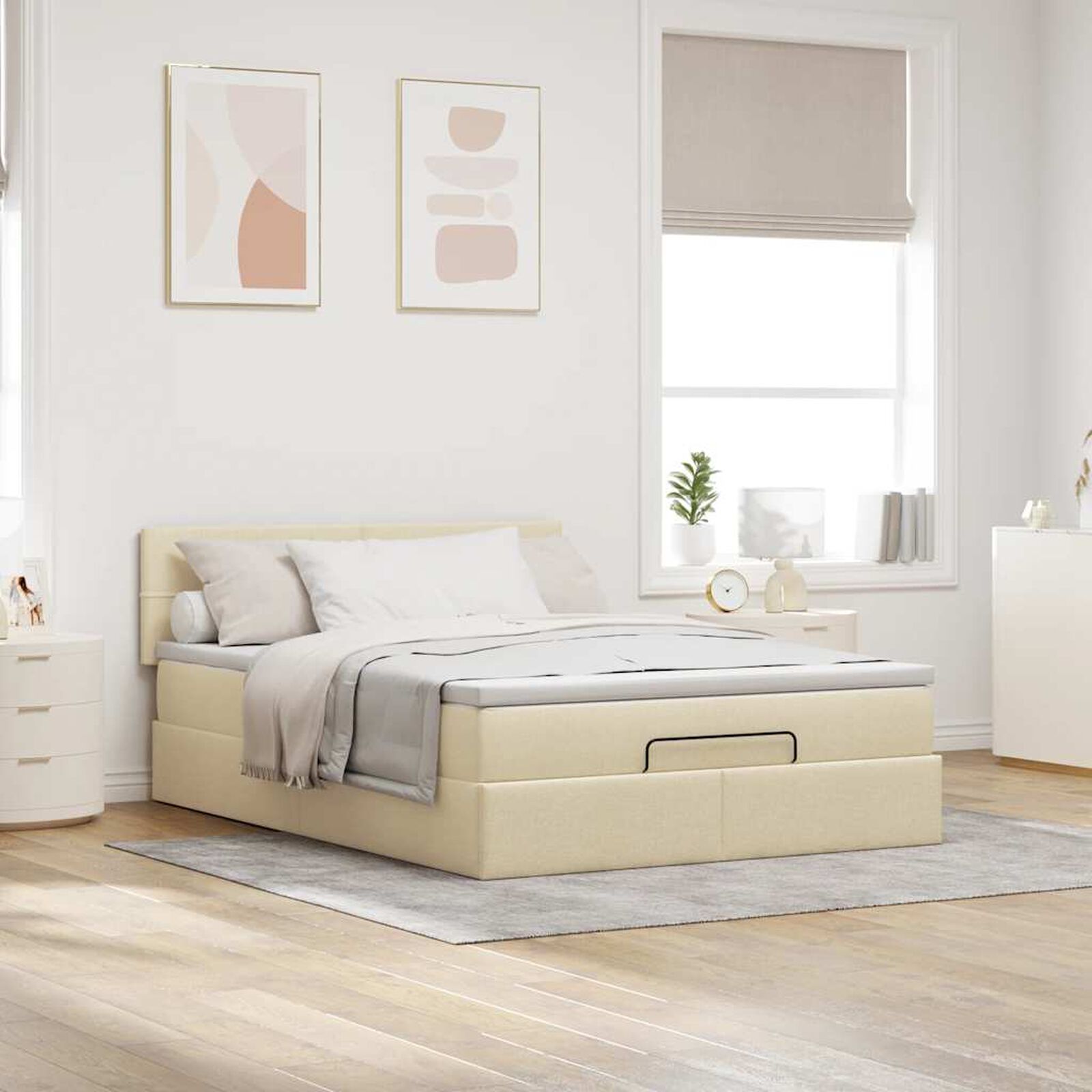 Ottomane Bett Mit Matratze & Topper, LED, Stoff Creme – Konfigurierbar!!!