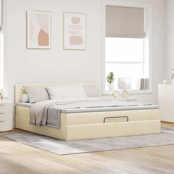 Ottomane Bett Mit Matratze & Topper, LED, Stoff Creme – Konfigurierbar!!!