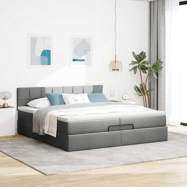 Ottomane Bett Mit Matratze & Topper, LED, Stoff Dunkelgrau – Konfigurierbar!!!