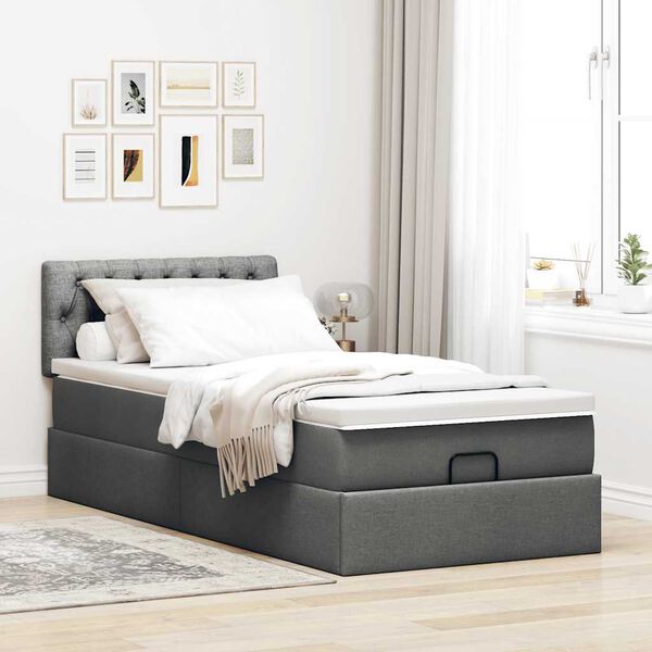 Ottomane Bett Mit Matratze & Topper, LED, Stoff Dunkelgrau – Konfigurierbar!!!
