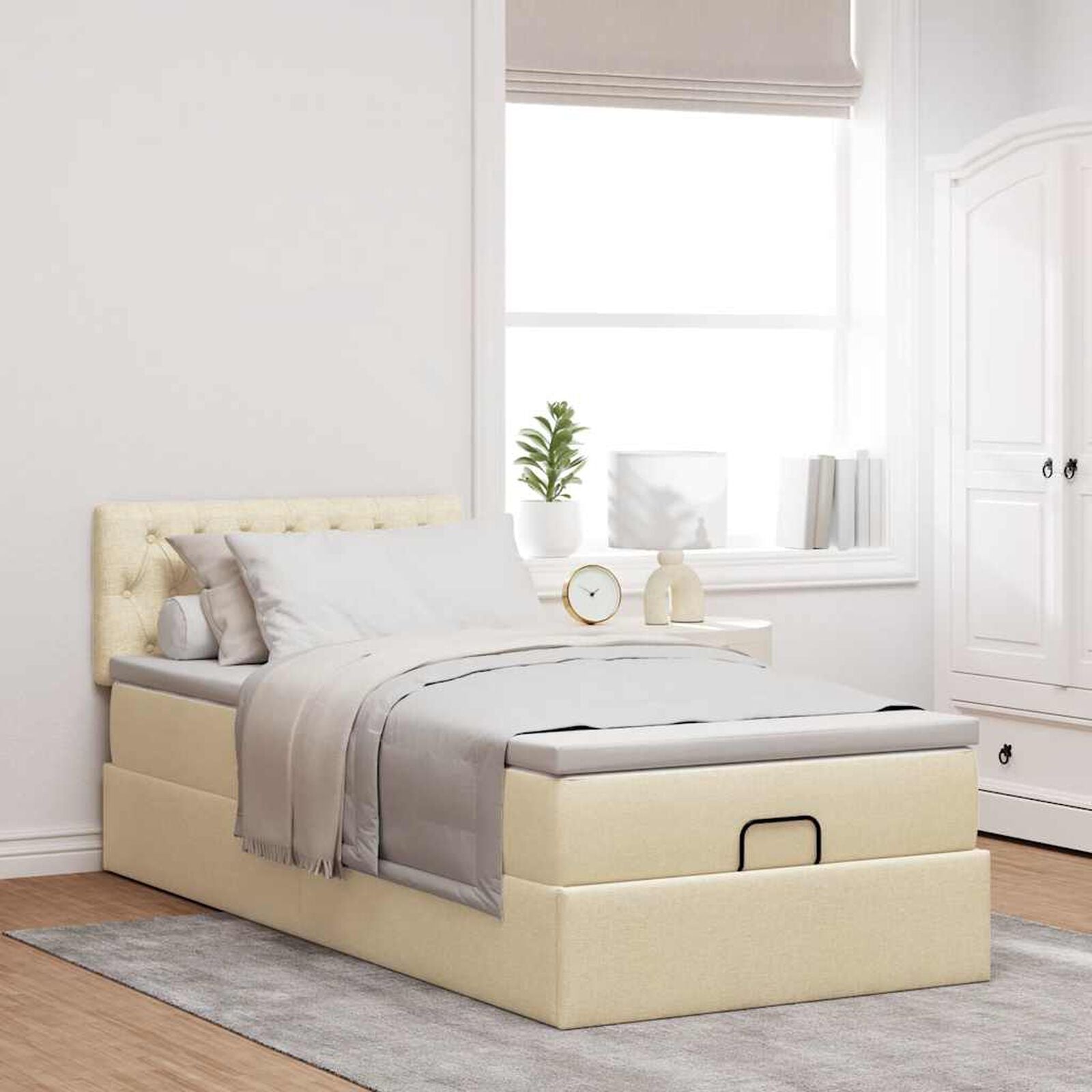 Ottomane Bett Mit Matratze & Topper, LED, Stoff Creme – Konfigurierbar!!!