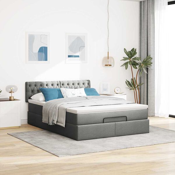 Ottomane Bett Mit Matratze & Topper, LED, Stoff Dunkelgrau – Konfigurierbar!!!