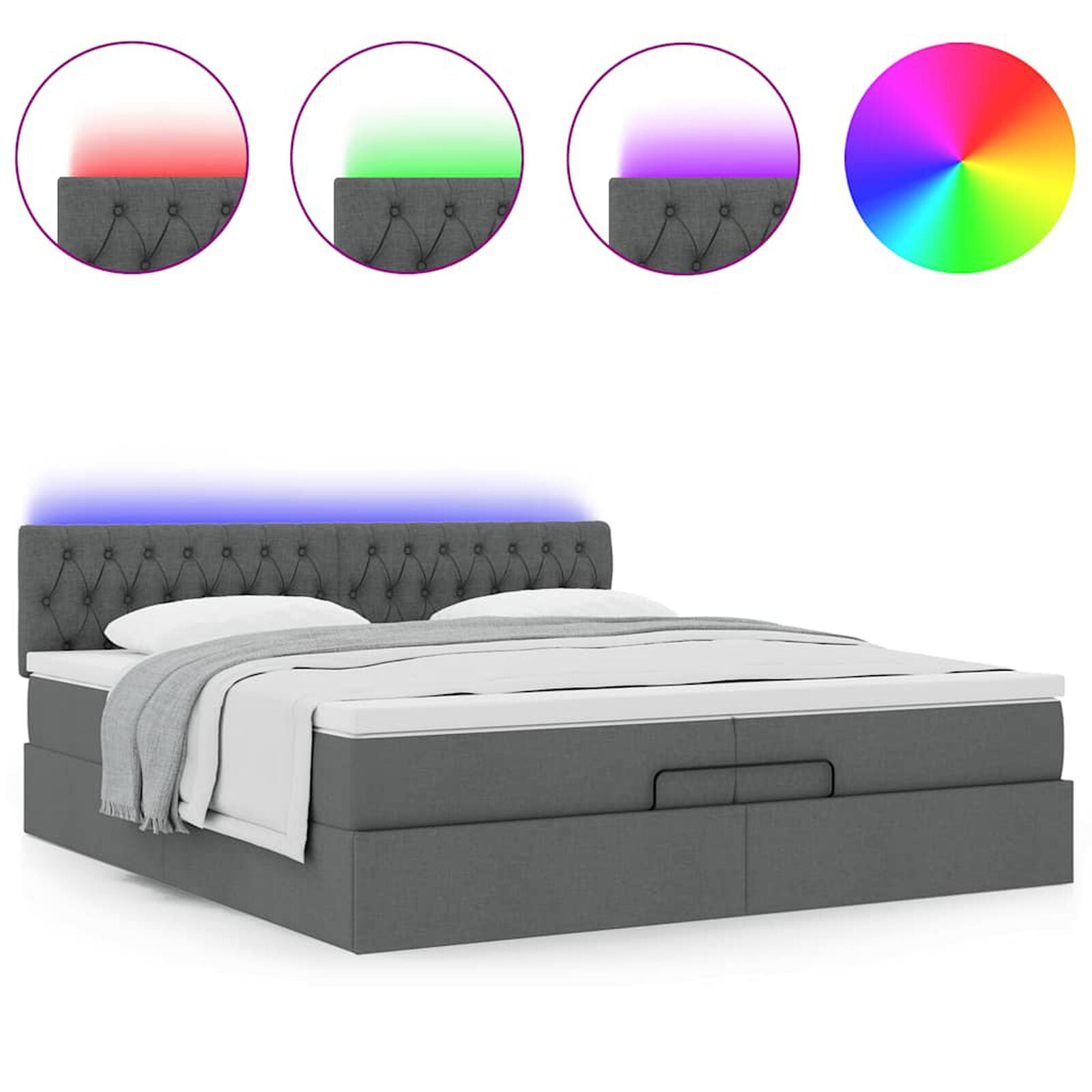 Ottomane Bett Mit Matratze & Topper, LED, Stoff Dunkelgrau – Konfigurierbar!!!