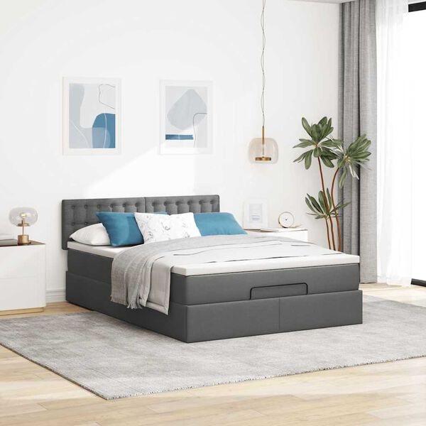Ottomane Bett Mit Matratze & Topper, LED, Stoff Dunkelgrau – Konfigurierbar!!!