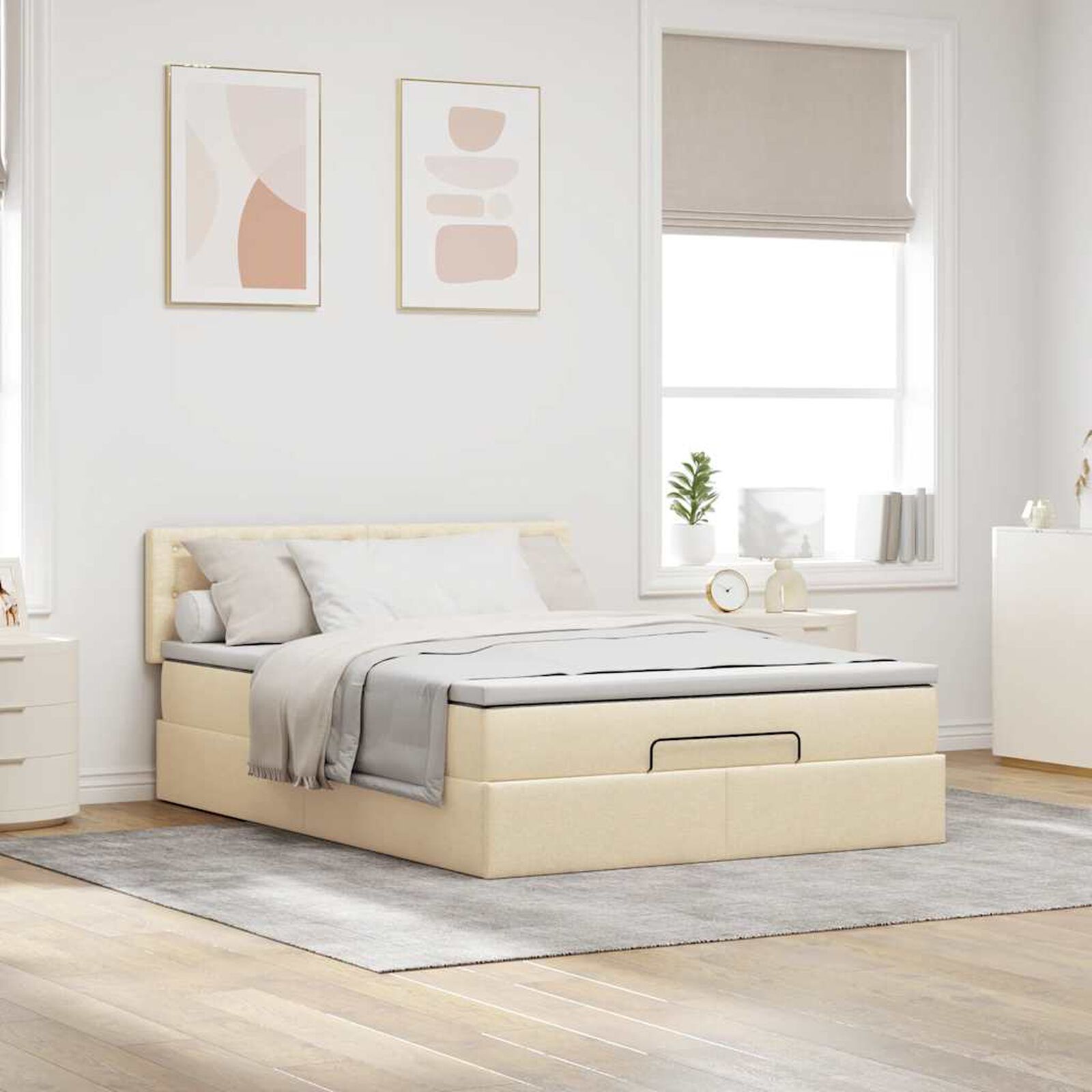 Ottomane Bett Mit Matratze & Topper, LED, Stoff Creme – Konfigurierbar!!!