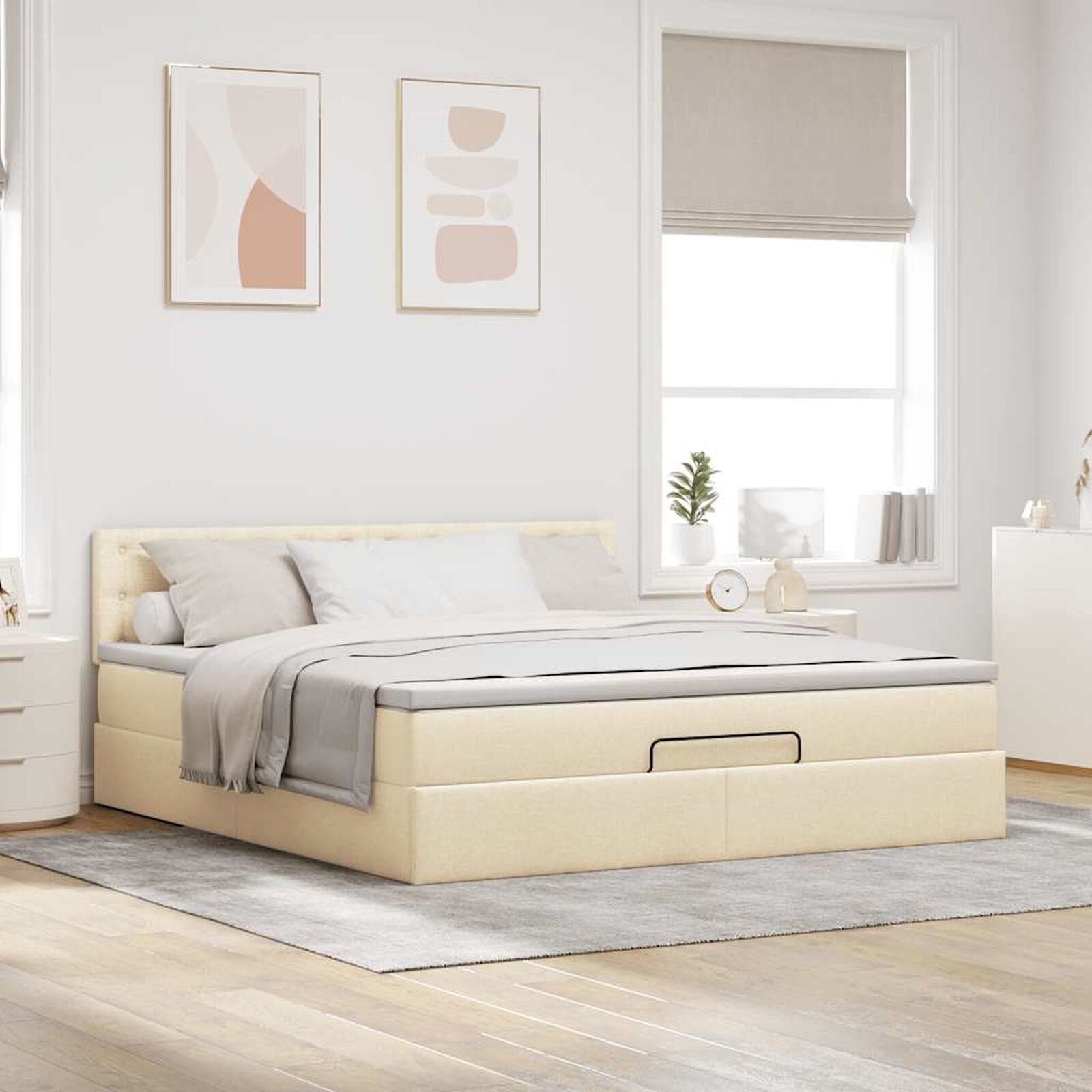 Ottomane Bett Mit Matratze & Topper, LED, Stoff Creme – Konfigurierbar!!!