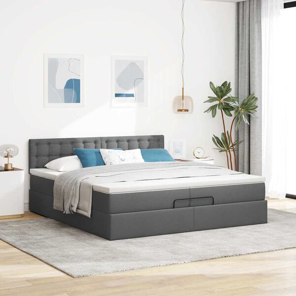 Ottomane Bett Mit Matratze & Topper, LED, Stoff Dunkelgrau – Konfigurierbar!!!