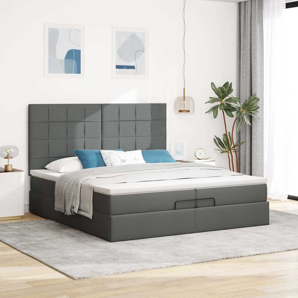 Ottomane Bett Mit Matratze & Topper LED Stoff Dunkelgrau – Konfigurierbar!!!