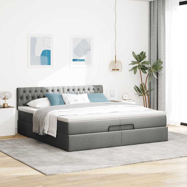 Ottomane Bett Mit Matratze & Topper, LED, Stoff Dunkelgrau – Konfigurierbar!!!