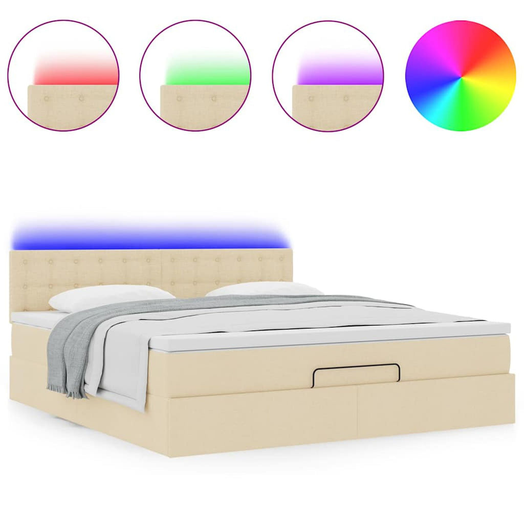 Ottomane Bett Mit Matratze & Topper, LED, Stoff Creme – Konfigurierbar!!!