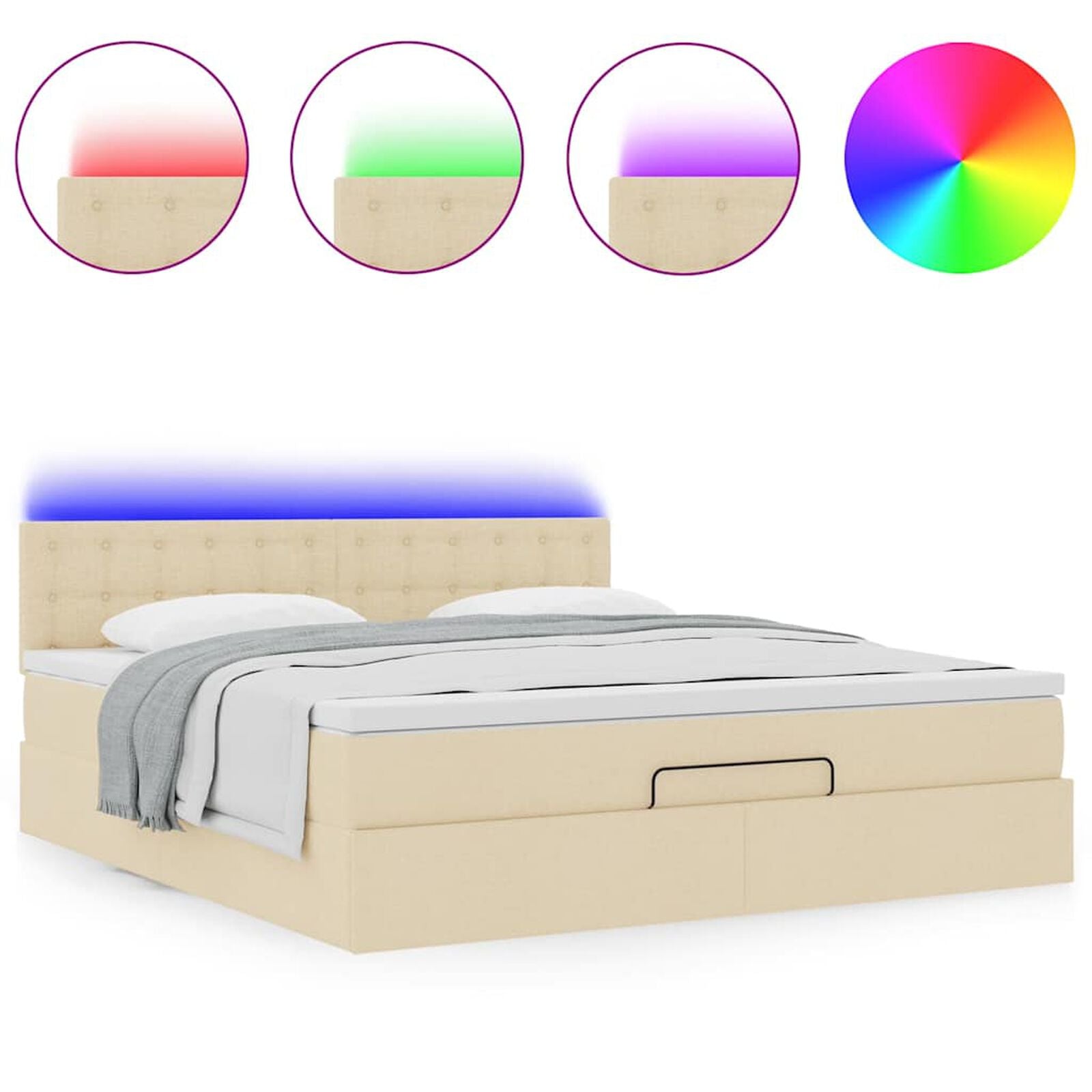 Ottomane Bett Mit Matratze & Topper, LED, Stoff Creme – Konfigurierbar!!!
