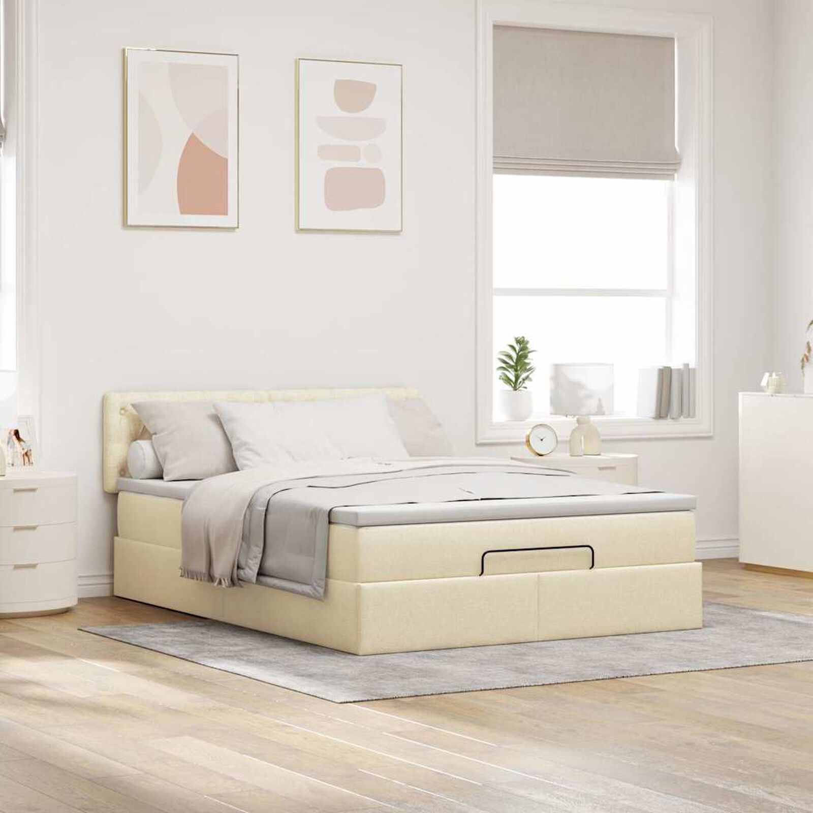 Ottomane Bett Mit Matratze & Topper, LED, Stoff Creme – Konfigurierbar!!!