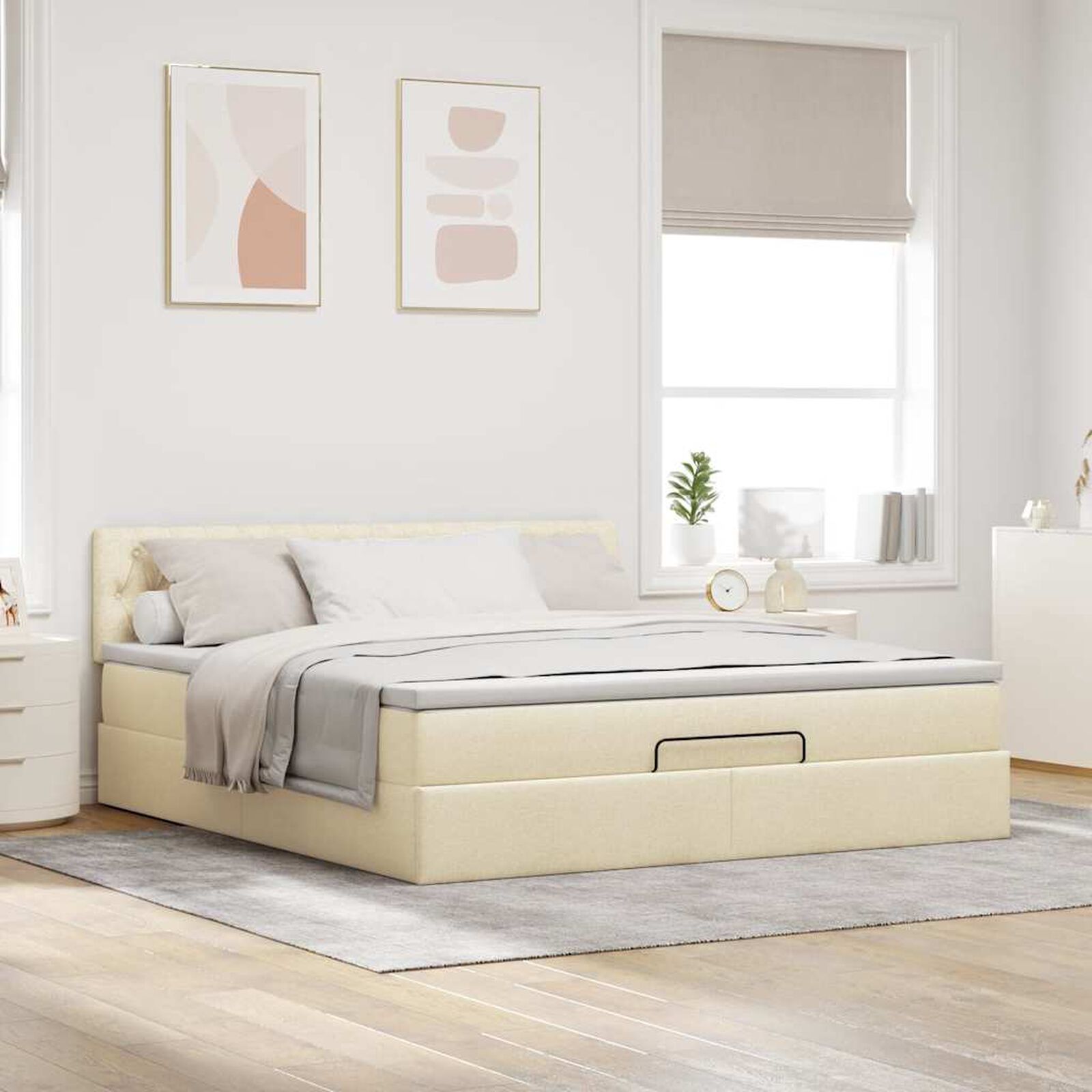 Ottomane Bett Mit Matratze & Topper, LED, Stoff Creme – Konfigurierbar!!!