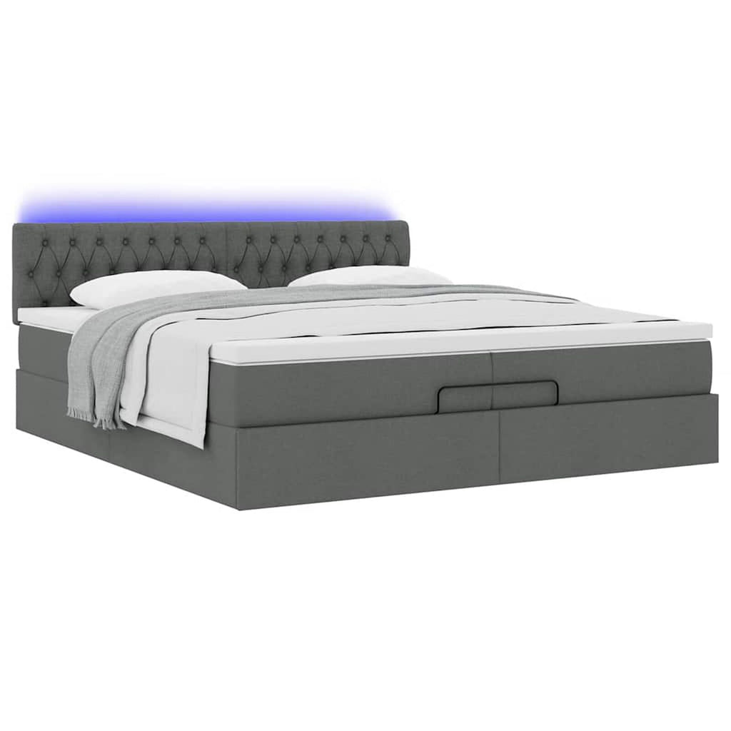 Ottomane Bett Mit Matratze & Topper, LED, Stoff Dunkelgrau – Konfigurierbar!!!