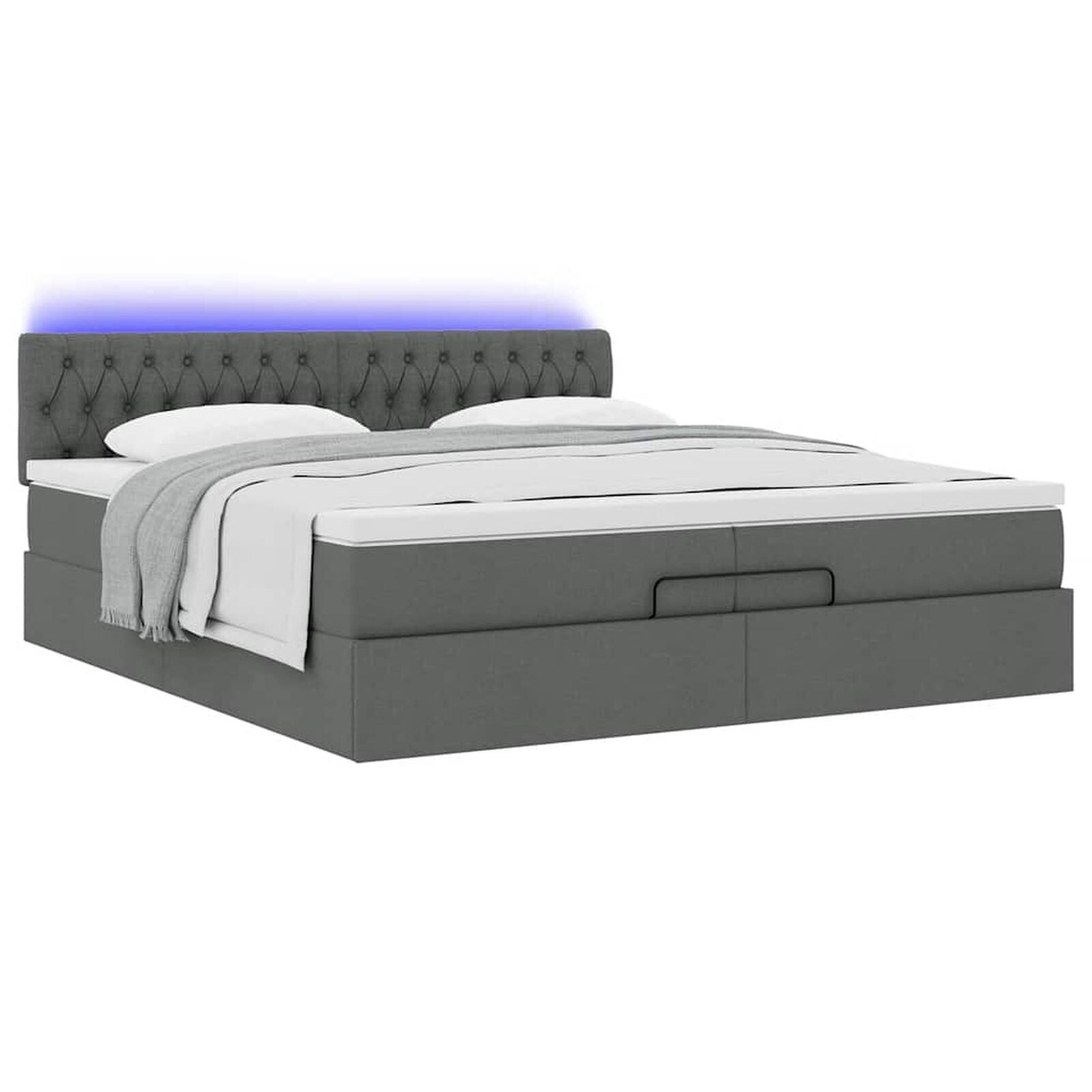 Ottomane Bett Mit Matratze & Topper, LED, Stoff Dunkelgrau – Konfigurierbar!!!