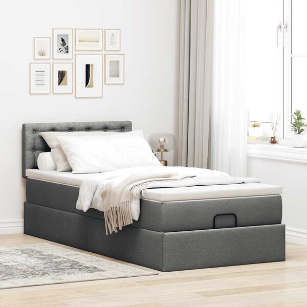 Ottomane Bett Mit Matratze & Topper, LED, Stoff Dunkelgrau – Konfigurierbar!!!