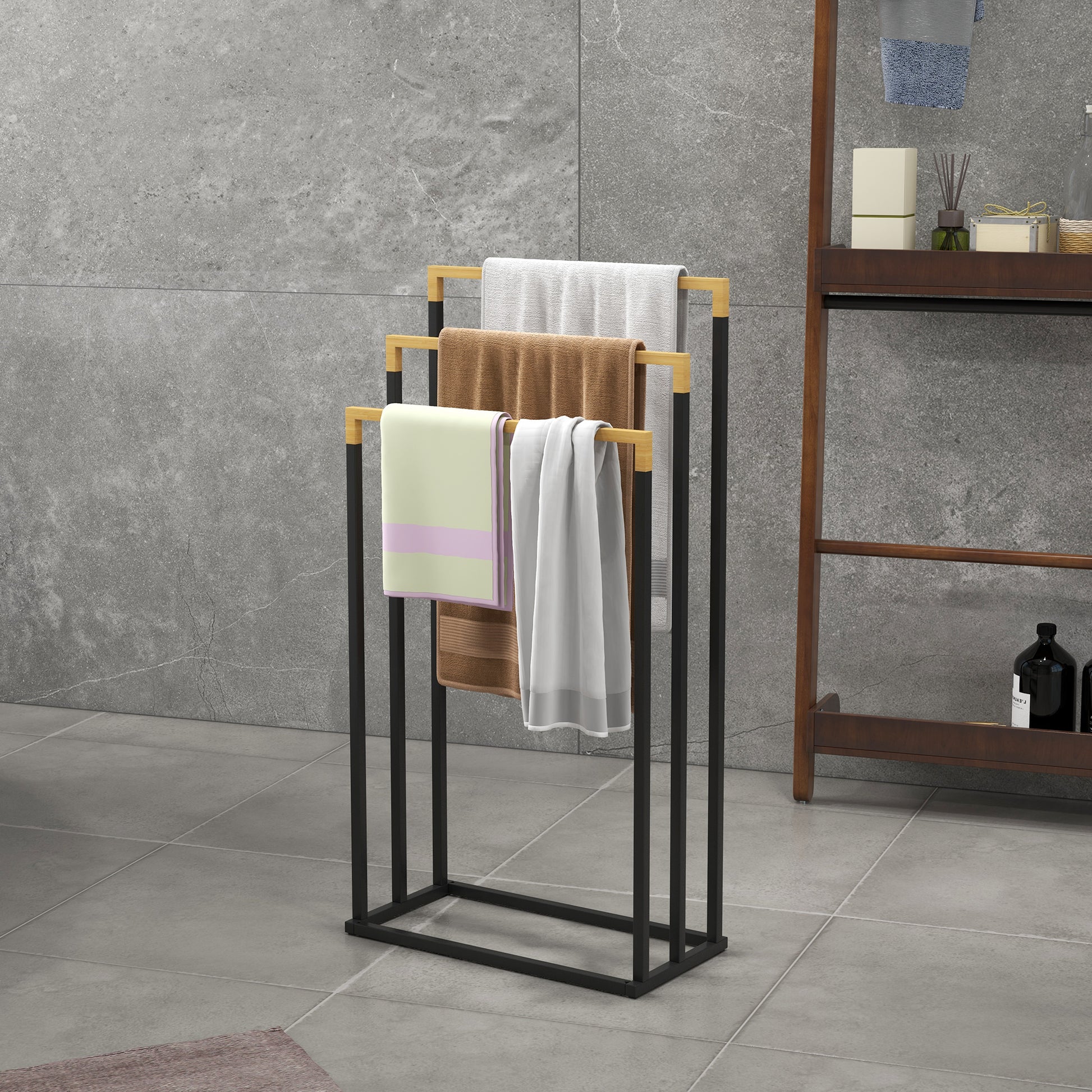 Handtuchalter-Set 3 Handtuchstangen, Industriedesign, Bambus, 45 x 22,5 x 86 cm
